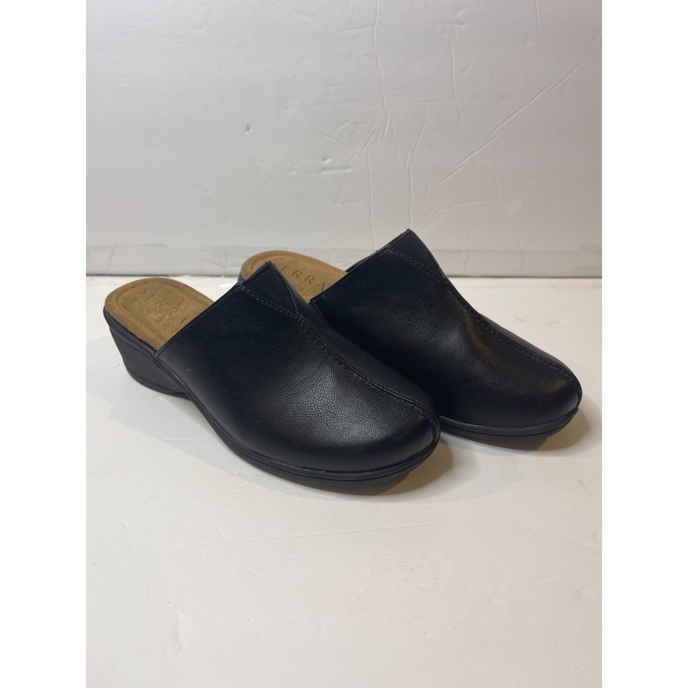 Serra Womens Black Faux Leather Slip On Clog Mules Wedge Heel Round Toe Size 9